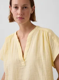 Cotton Gauze Oversized Split-Neck Top - Maize yellow — view 4