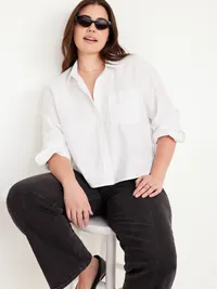 Cropped Button-Down Oxford Shirt - White — view 3