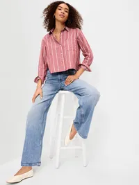 Cropped Button-Down Shirt - Burgundy Stripe — view 3