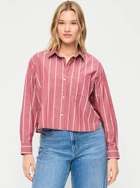 Cropped Button-Down Shirt - Burgundy Stripe — view 5