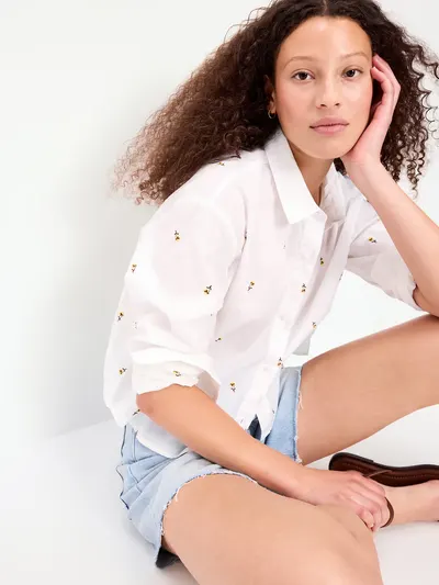 Cropped Button-Down Shirt - Yellow Flower