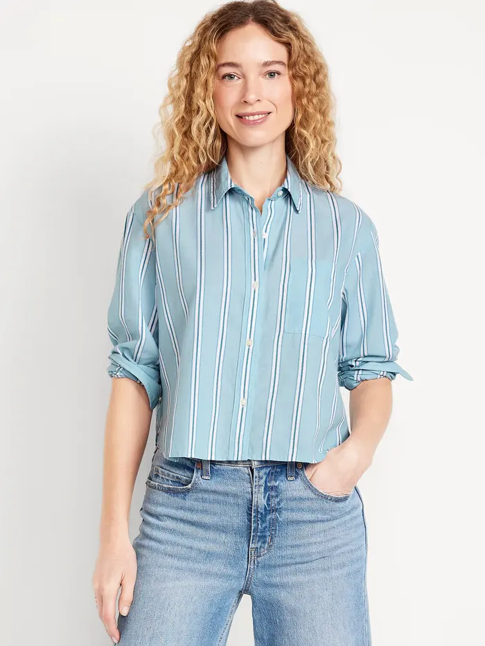 Cropped Button-Down Striped Shirt - Blue Stripe