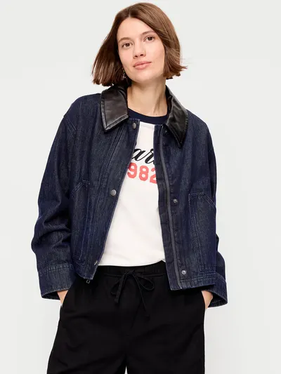 Cropped Denim Barn Jacket - Dark Rinse