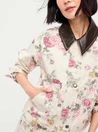 Cropped Denim Barn Jacket - Floral Pattern — view 4