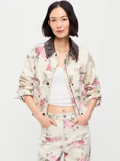 Cropped Denim Barn Jacket - Floral Pattern