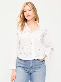 Cropped Eyelet Button-Down Shirt - White Eyelet — view 5