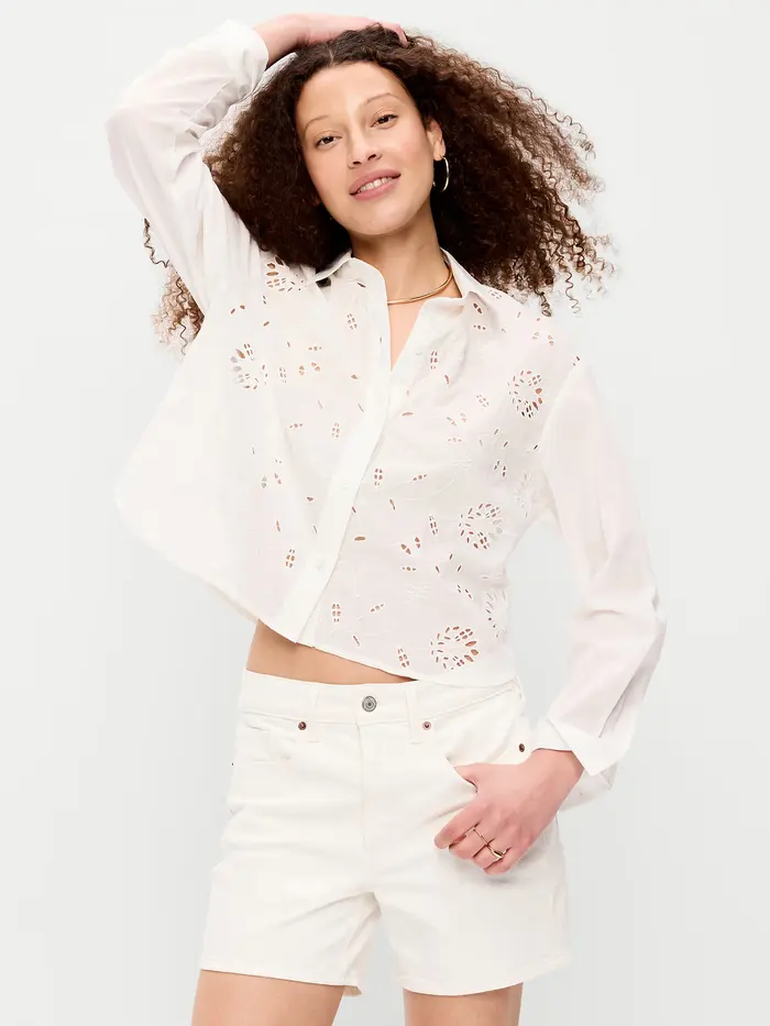 Cropped Eyelet Button-Down Shirt - White Eyelet