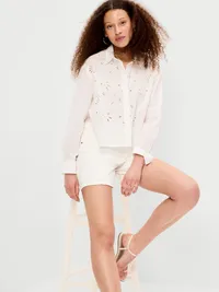Cropped Eyelet Button-Down Shirt - White Eyelet — view 3
