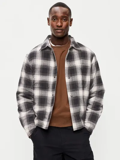 Cropped Insulated Flannel Shacket - Black Plaid