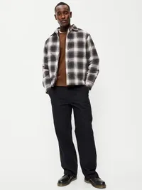Cropped Insulated Flannel Shacket - Black Plaid — view 3