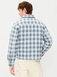 Cropped Insulated Flannel Shacket - Blue Plaid — view 2