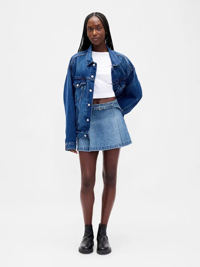 Denim Belted Mini Skirt - Medium wash
