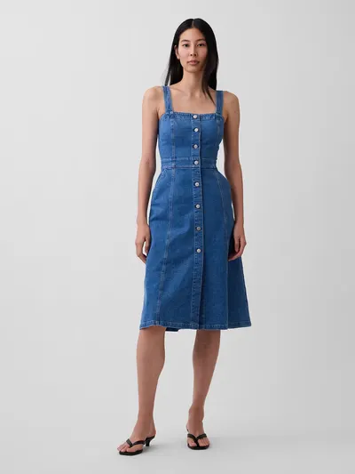 Denim Button-Front Midi Dress - Medium wash