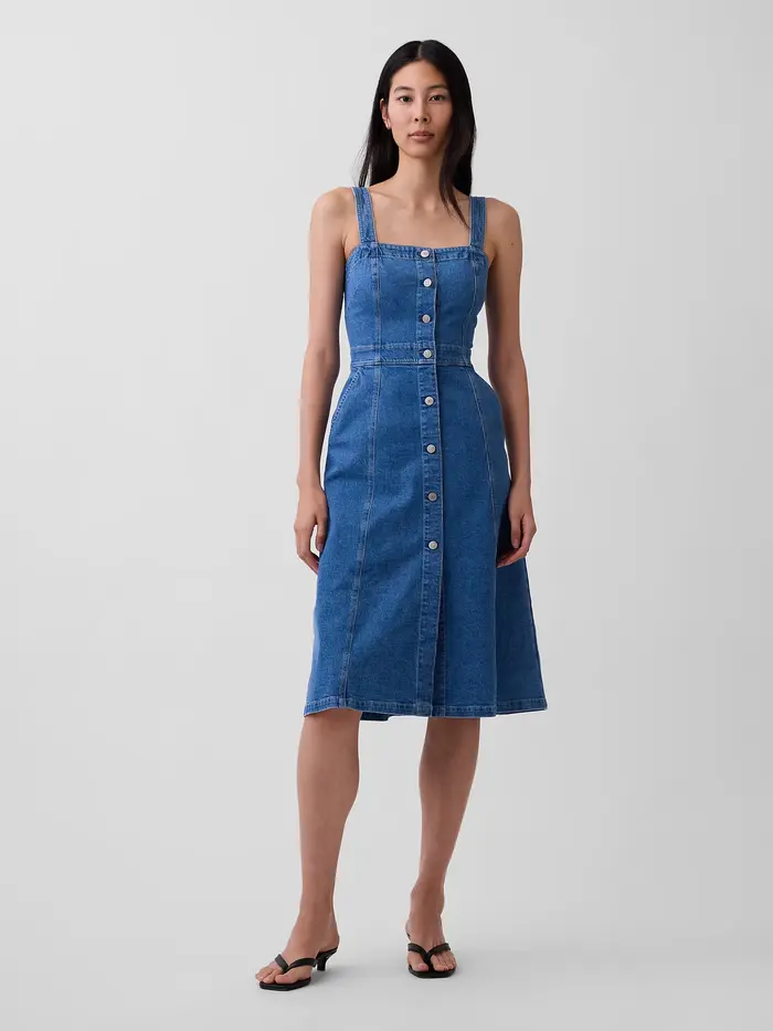 Denim Button-Front Midi Dress - Medium wash