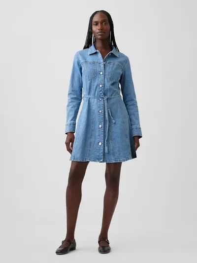 Denim Button-Front Mini Dress - Light wash