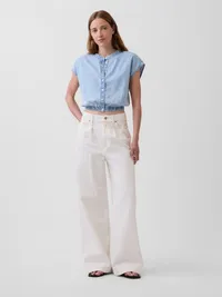 Denim Cap-Sleeve Crop Button-Front Top - Medium wash — view 2