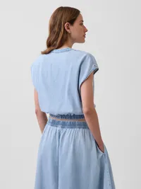 Denim Cap-Sleeve Crop Button-Front Top - Medium wash — view 3