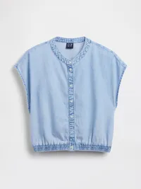 Denim Cap-Sleeve Crop Button-Front Top - Medium wash — view 5