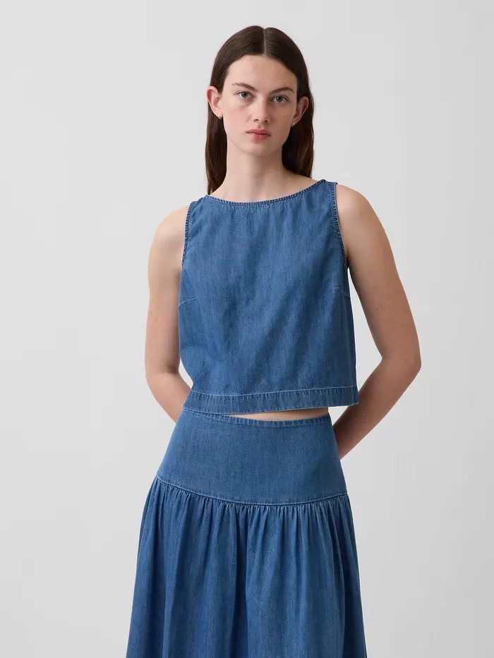 Denim Crop Shell Tank Top - Medium wash