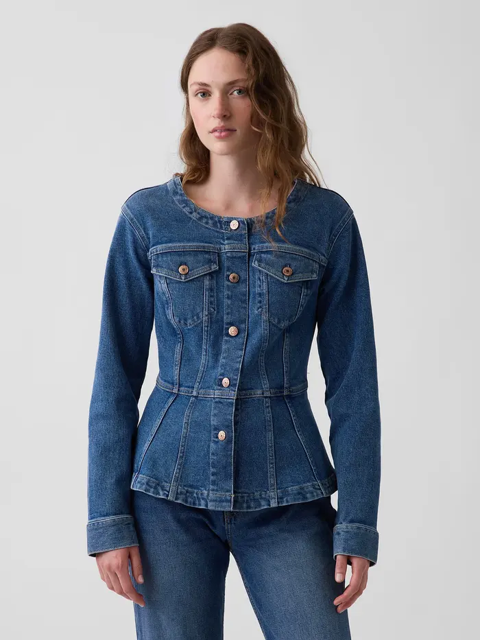 Denim Fitted Peplum Jacket - Medium wash