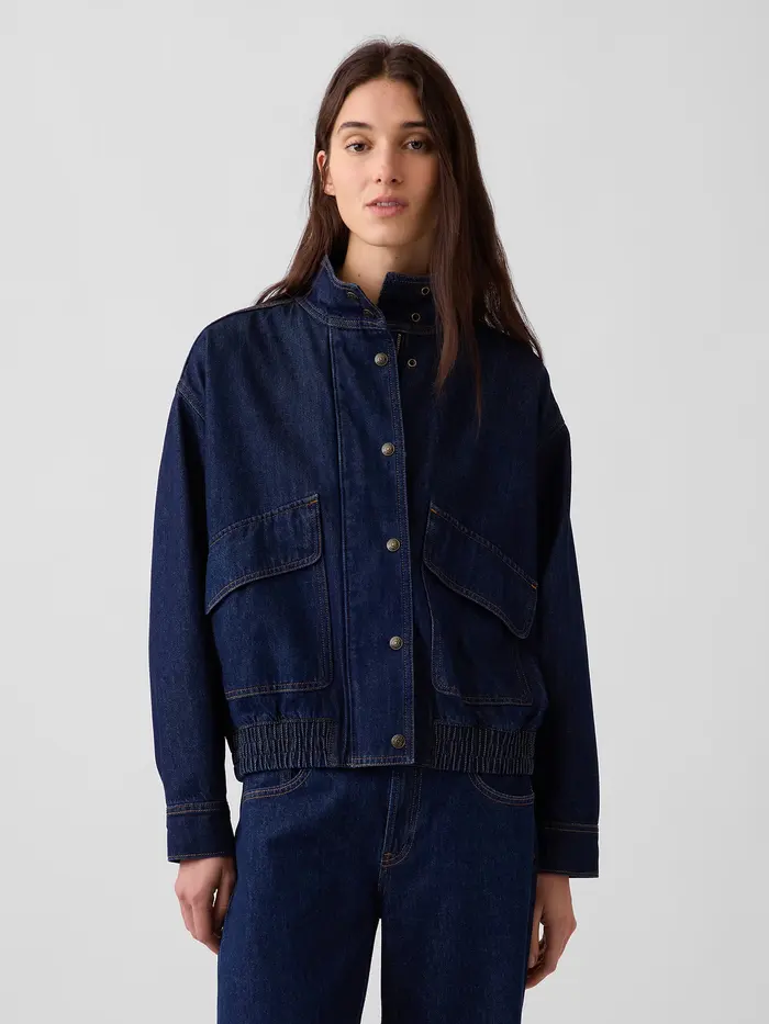 Denim Oversized Bomber Jacket - Medium wash