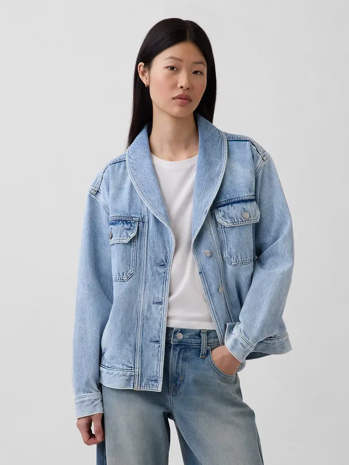 Denim Oversized Shawl Denim Jacket - Light wash