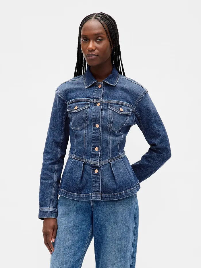 Denim Peplum Jacket - Worn medium blue