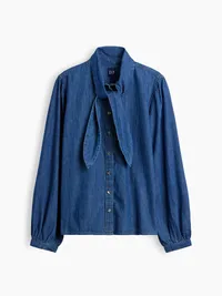 Denim Tie-Neck Shirt - Medium wash — view 5