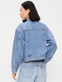 Embroidered Cropped Denim Jacket - Medium Indigo — view 2