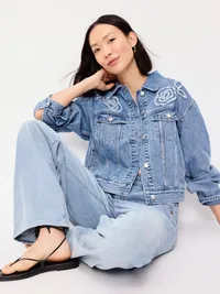 Embroidered Cropped Denim Jacket - Medium Indigo — view 3