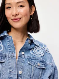 Embroidered Cropped Denim Jacket - Medium Indigo — view 4