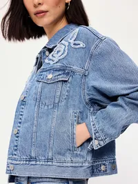 Embroidered Cropped Denim Jacket - Medium Indigo — view 5