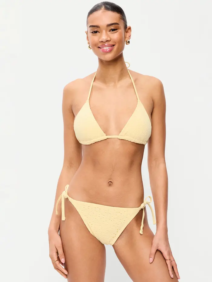 Eyelet Triangle String Bikini Swim Top - Golden Straw