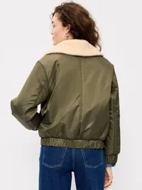 Faux-Fur Collar Utility Bomber Jacket - Dill Caper — view 2