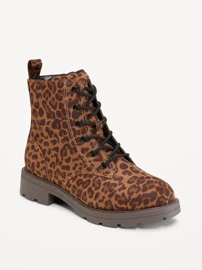 Faux-Suede Combat Boots for Girls - Leopard