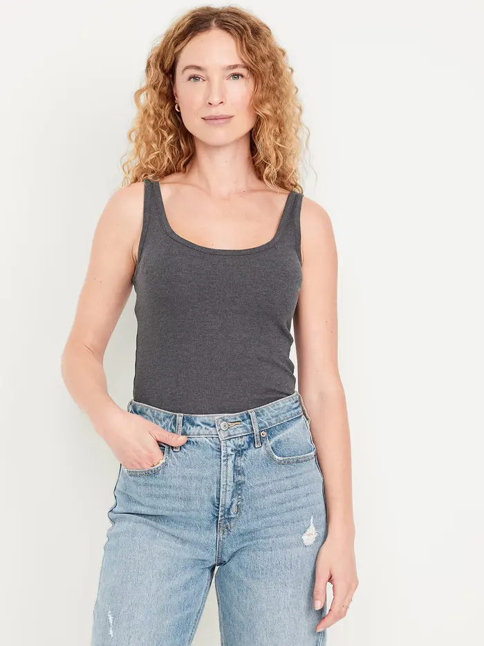 First-Layer Ribbed Scoop-Neck Tank Top - Medium Gray