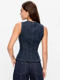 Fitted Sleeveless Button-Front Top - Dark Wash — view 2