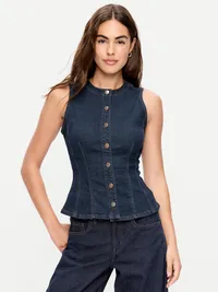 Fitted Sleeveless Button-Front Top - Dark Wash — view 4
