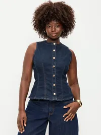 Fitted Sleeveless Button-Front Top - Dark Wash — view 5