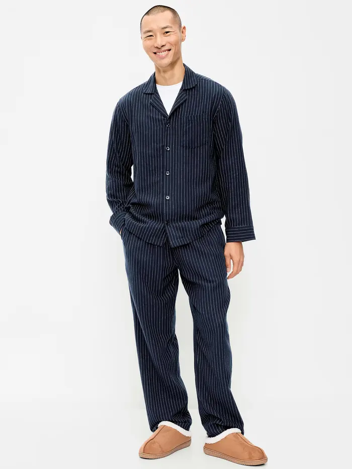Flannel Pajama Set for Men - Pinstripe Blue