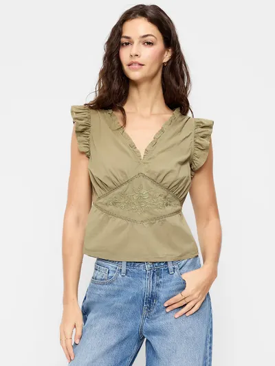 Flutter-Sleeve Embroidered Top - Bare Ground