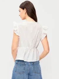 Flutter-Sleeve Embroidered Top - White Lilies — view 2