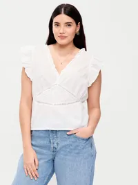 Flutter-Sleeve Embroidered Top - White Lilies — view 4