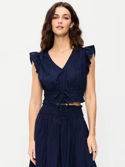 Flutter-Sleeve Poplin Top - Arctic Depth