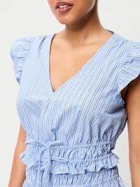 Flutter-Sleeve Poplin Top - White & Blue Stripe — view 4