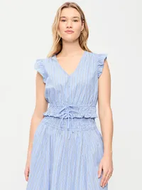 Flutter-Sleeve Poplin Top - White & Blue Stripe — view 5