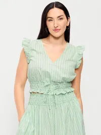 Flutter-Sleeve Poplin Top - White/Green Stripe — view 5