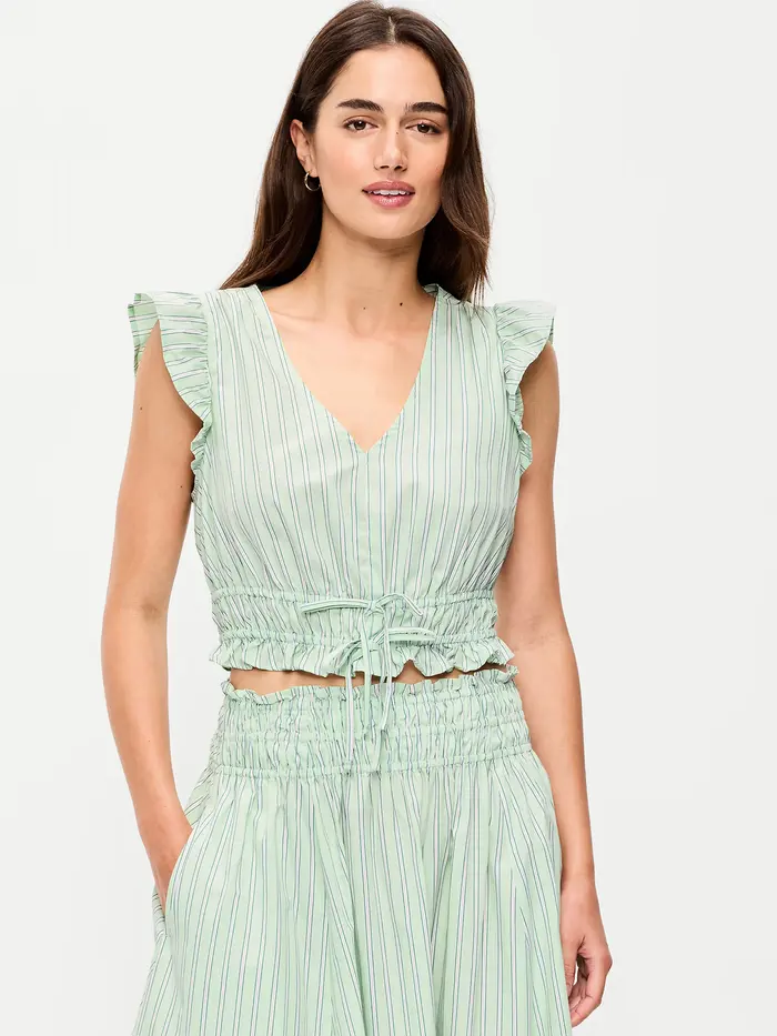 Flutter-Sleeve Poplin Top - White/Green Stripe