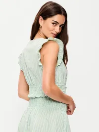 Flutter-Sleeve Poplin Top - White/Green Stripe — view 2