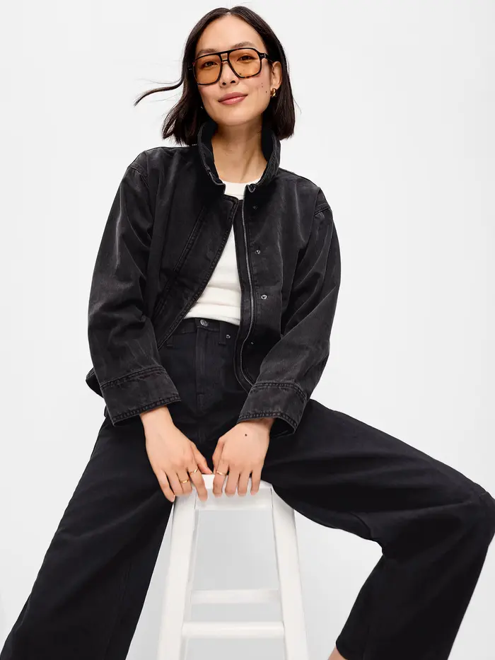 Funnel-Neck Denim Jacket - Washed Black